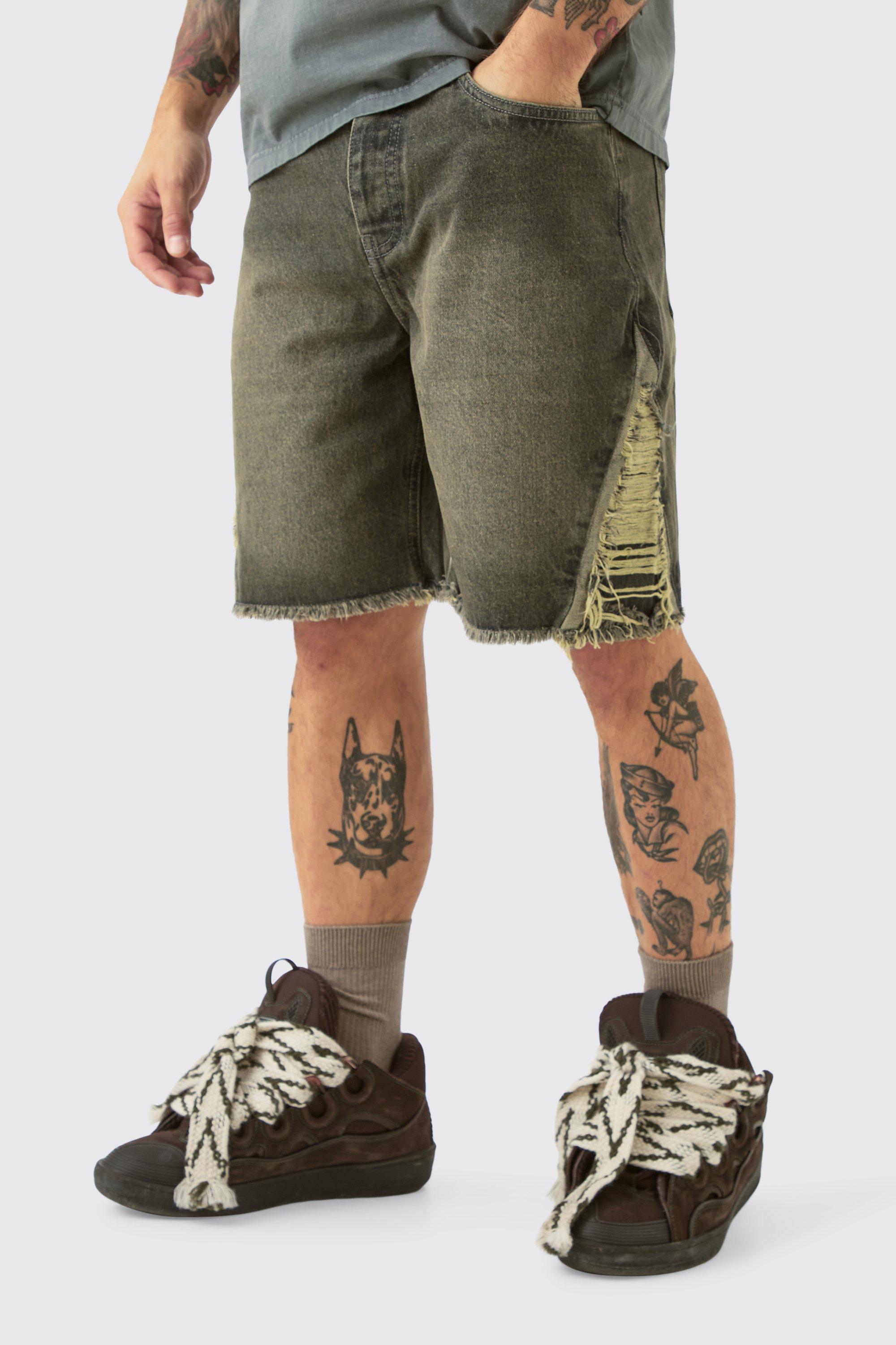 Mens Relaxed Rigid Extreme Side Ripped Denim Short In Antique Grey, Grey